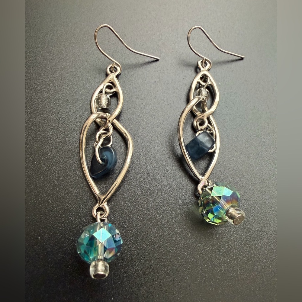 AB Crystal and Blue Accent Dangle Earrings